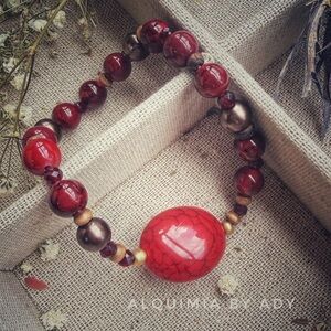 Red Turquoise Bracelet – 8 mm Beads with Bronze, Pearl & Wood Acrylic Focal • Ga